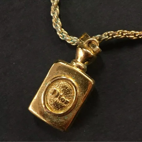 Christian Dior Gold Perfume Bottle Necklace Dior Logo